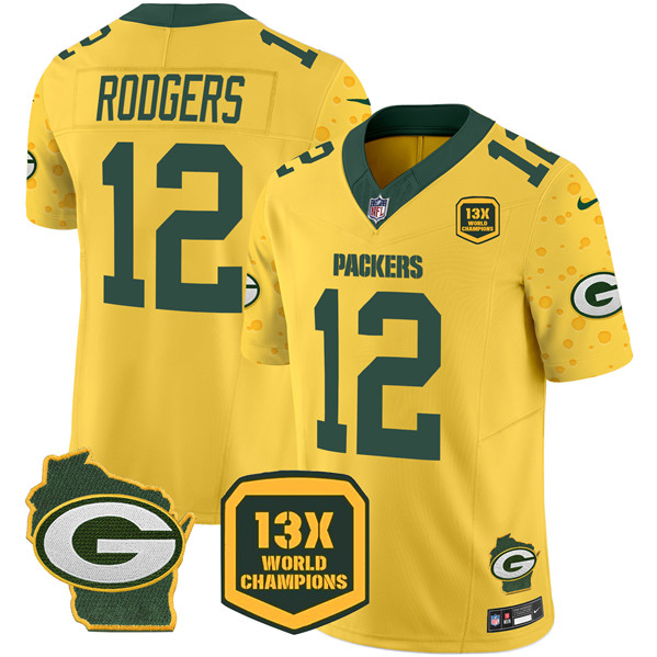 Men's Green Bay Packers #12 Aaron Rodgers Cheese Gold 2024 F.U.S.E. 13 Time World Champions And Home Patch Vapor Untouchable Limited Stitched Football Jersey